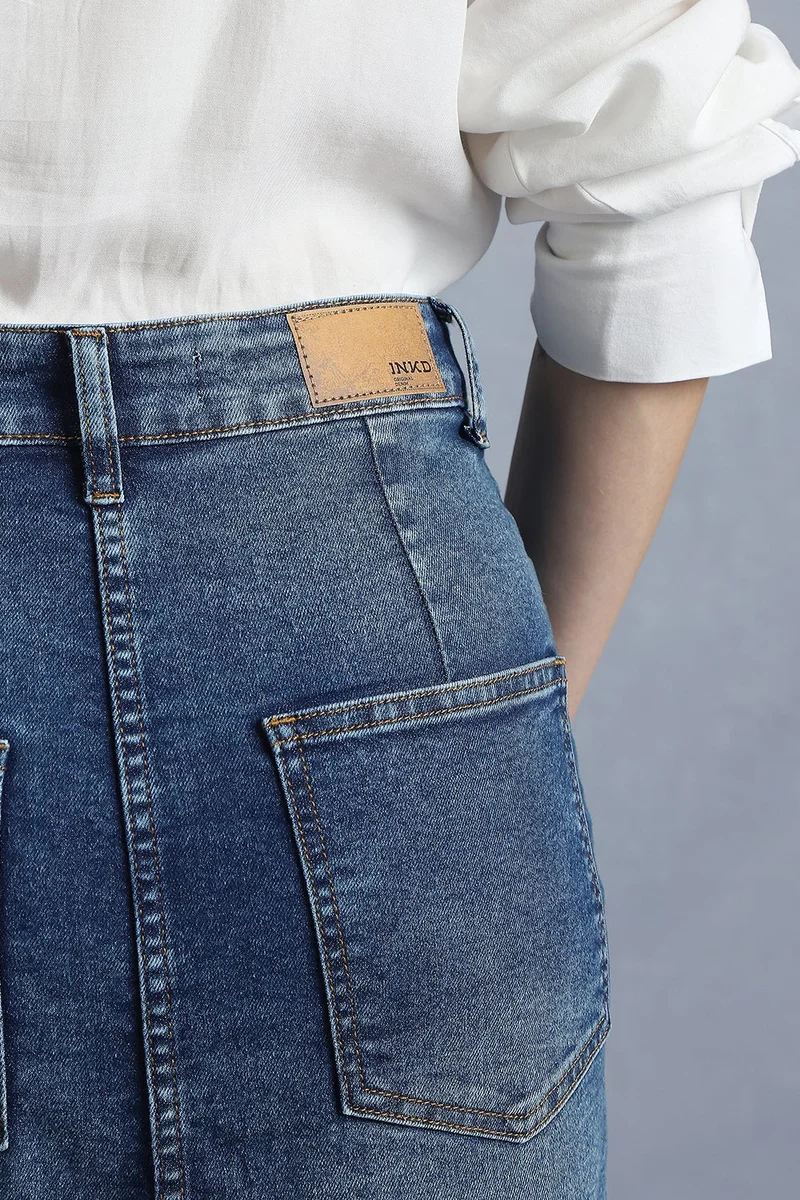 inkd Denim Drama Women's Denim Skirt - Midi Skirt with Front Slit | Long Straight Fit Skirt for Women | Skirt for Woman for Women | Best Price UAE